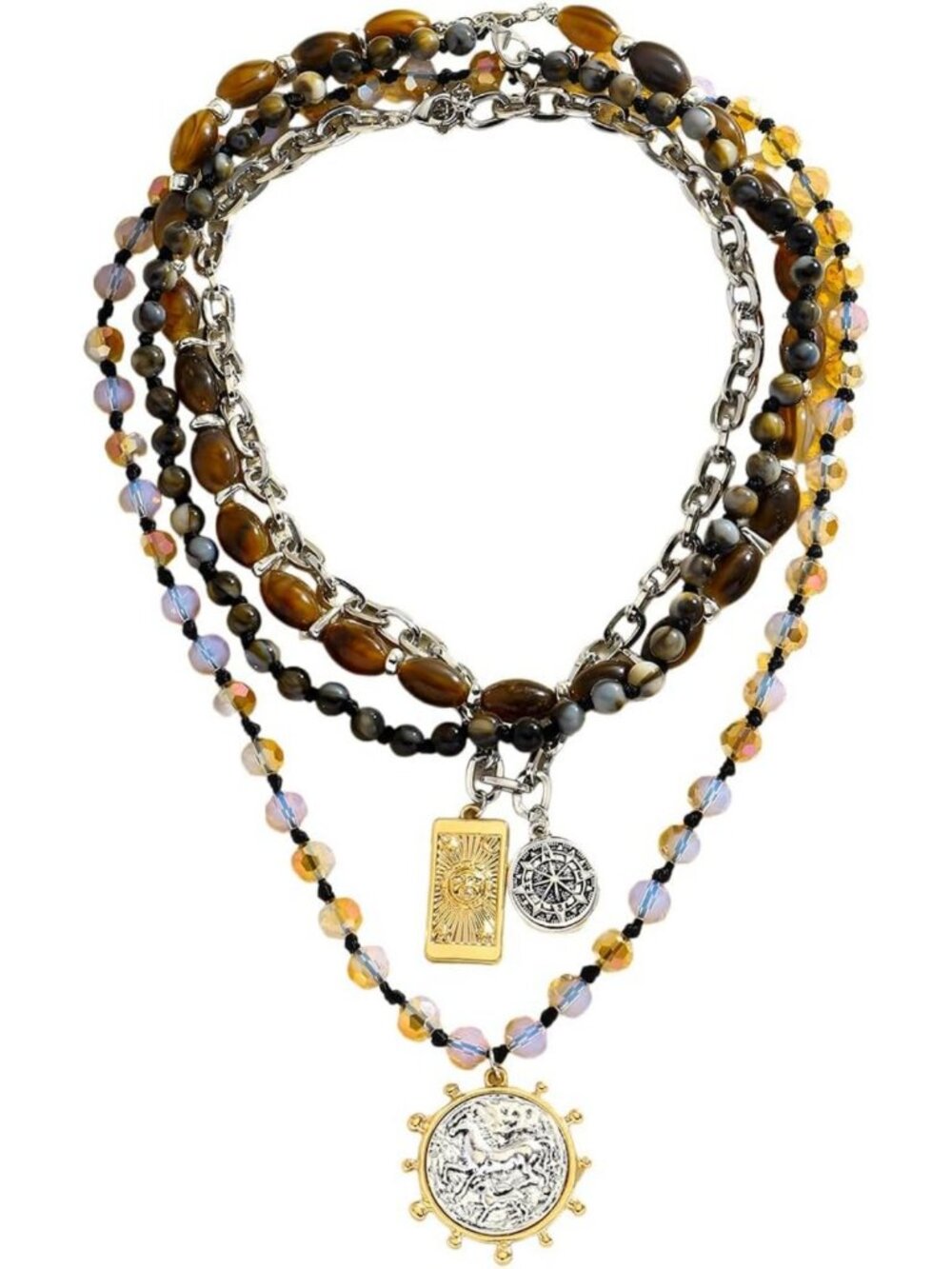 Vintage Multi-Layer Beaded Coin Necklace for Women, Ethnic Pendant Jewelry Gift